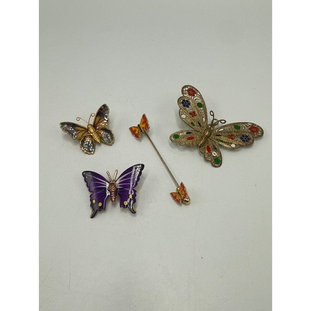 Vintage Butterfly Jewelry Lot Enamel Filigree Brooch Pins Stick Pin 4 Piece Set